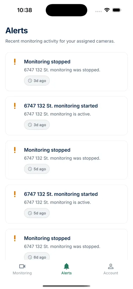 SA Alarms customer app alerts list