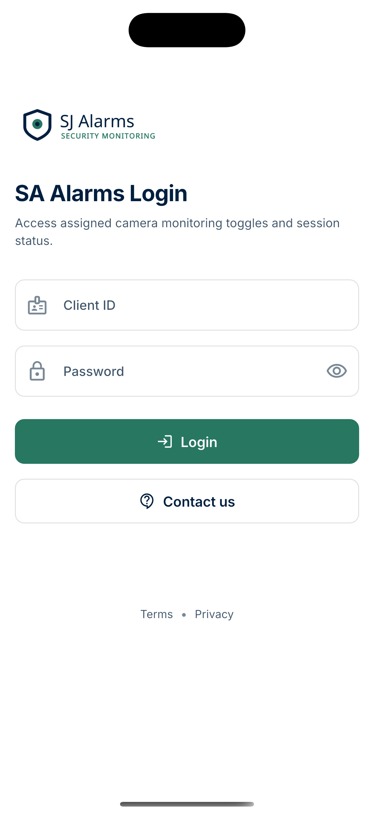 SA Alarms customer app login screen